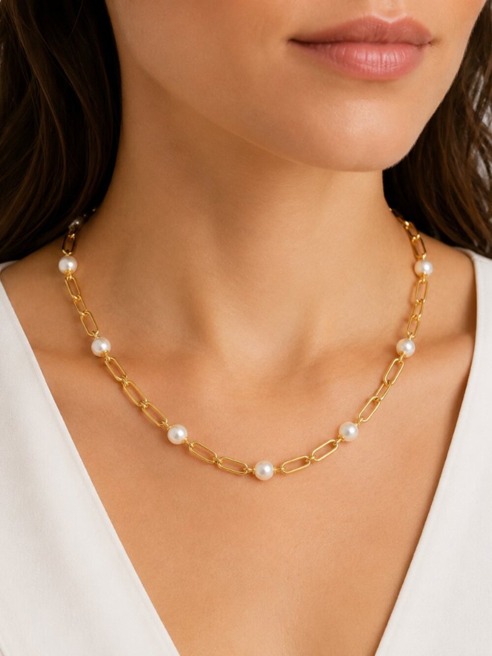 Herco 14k Yellow Gold FWC Pearl Paperclip Link Luxury Necklace, 18 inch